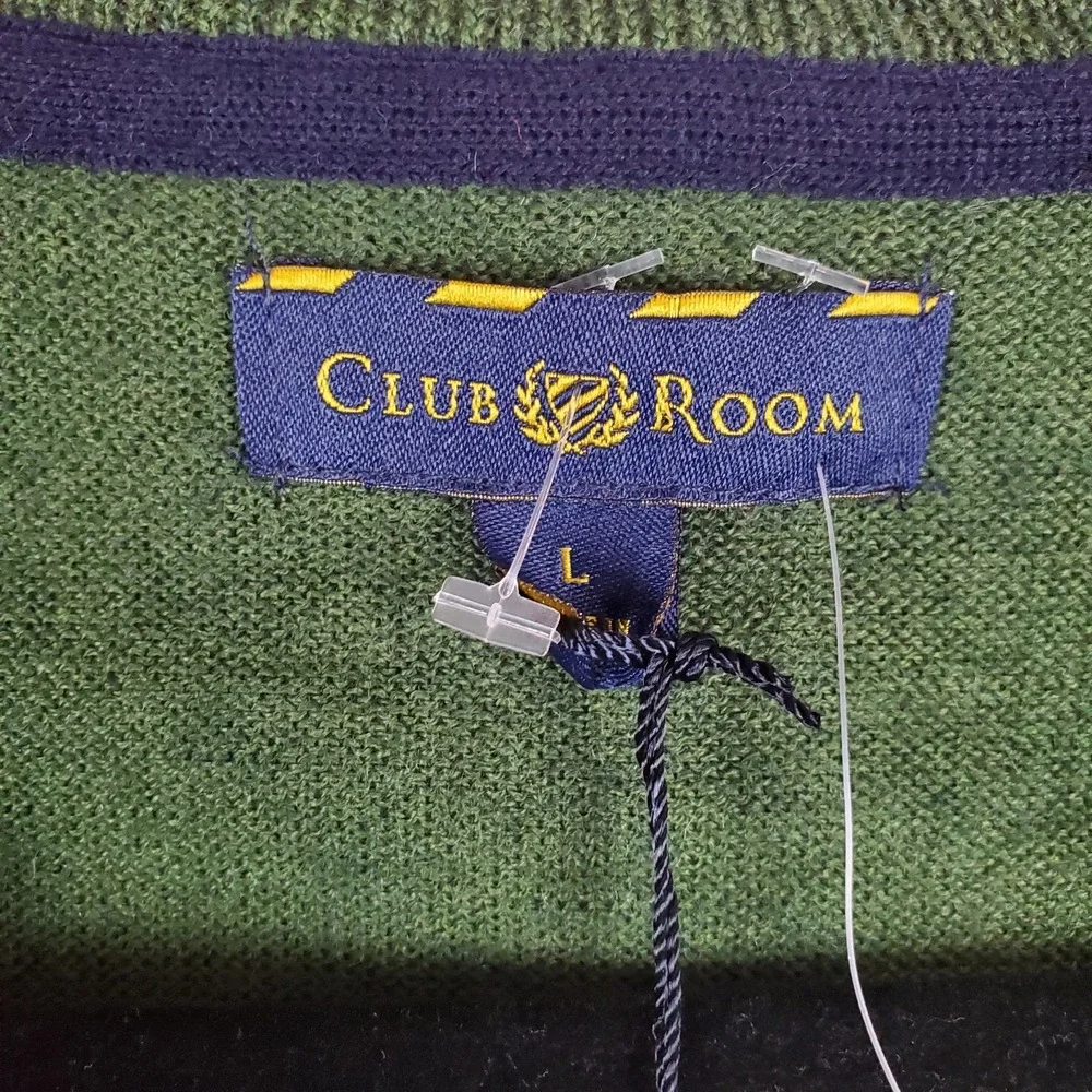 Club Room Mens Sweater Large Green Merino Wool Blend V-Neck Long Sleeve Pullover